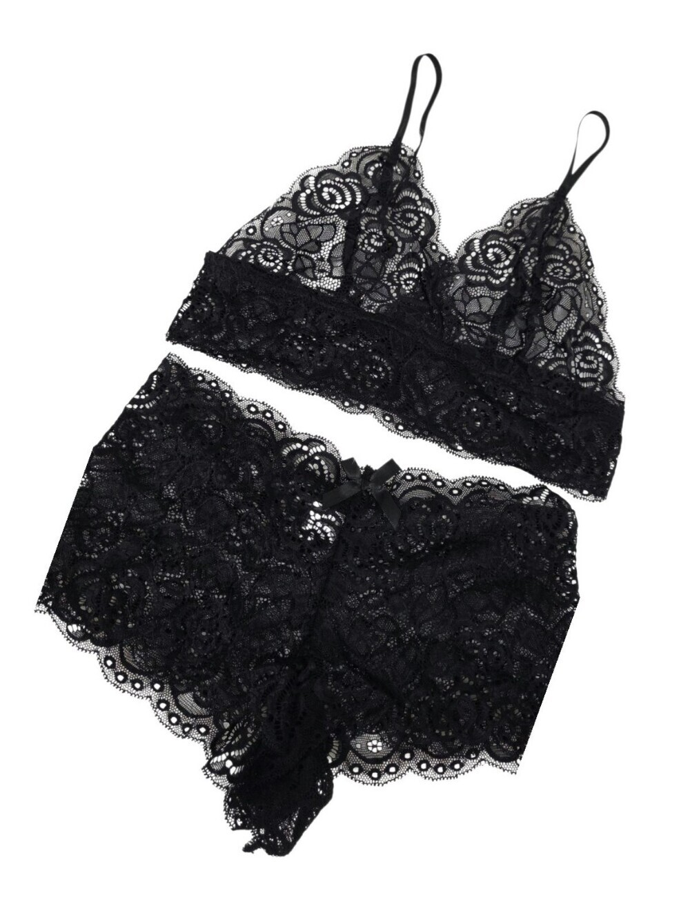 Black Stretch Lace Bralette & PantyShorts Set - Women Intimates Small New - Picture 2 of 8